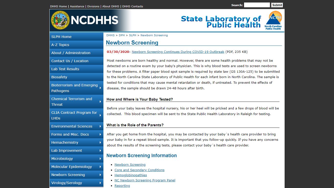 N.C. DPH: State Lab > Newborn Screening - NCDHHS